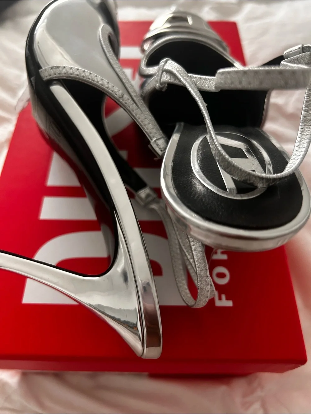 Diesel Silver Metallic Pointed Slingback Pumps with Buckle - Picture 4 of 6